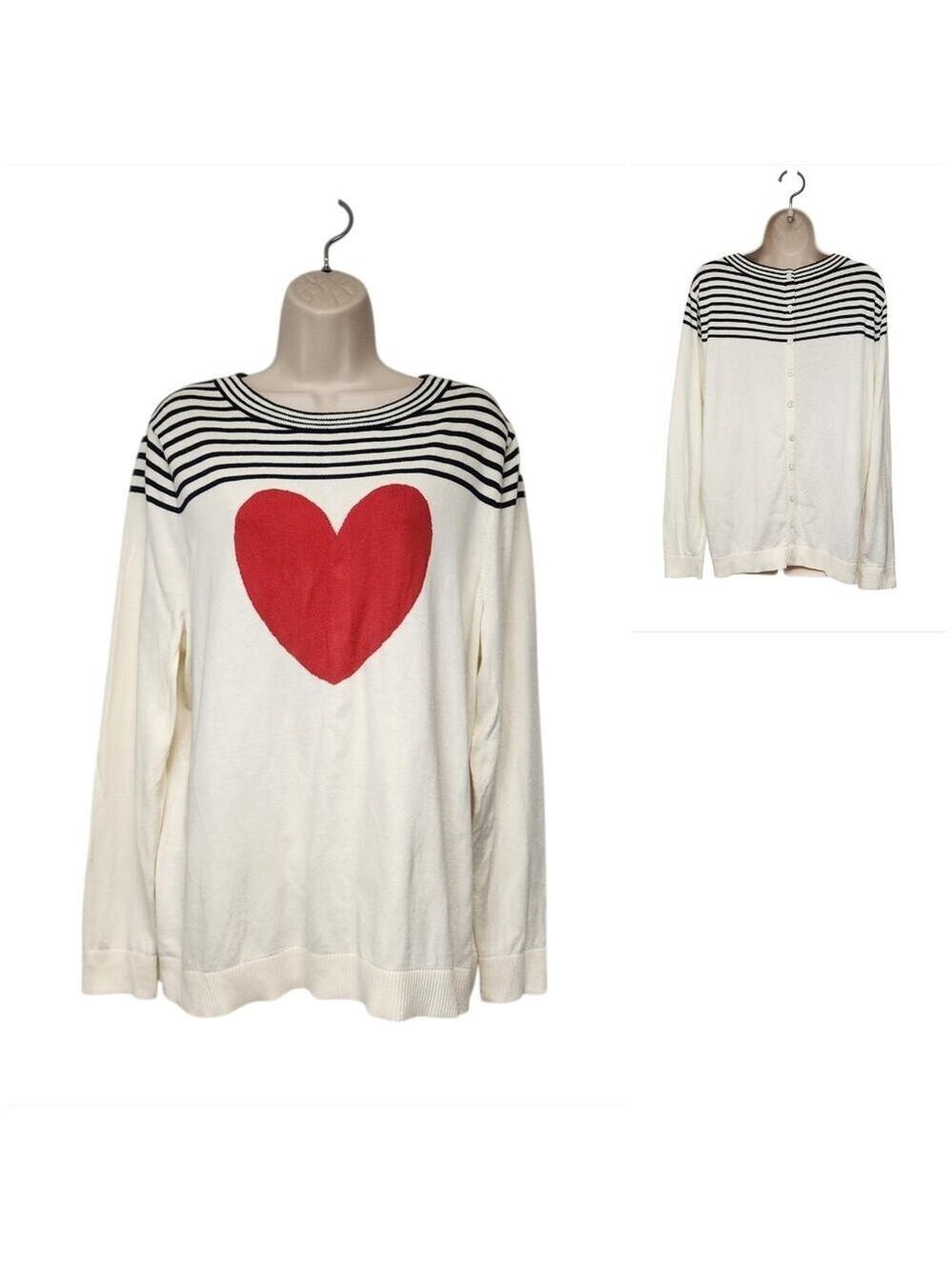 Talbots Women's Long Sleeve Striped Black Beige  Button Back Heart Sweater XL